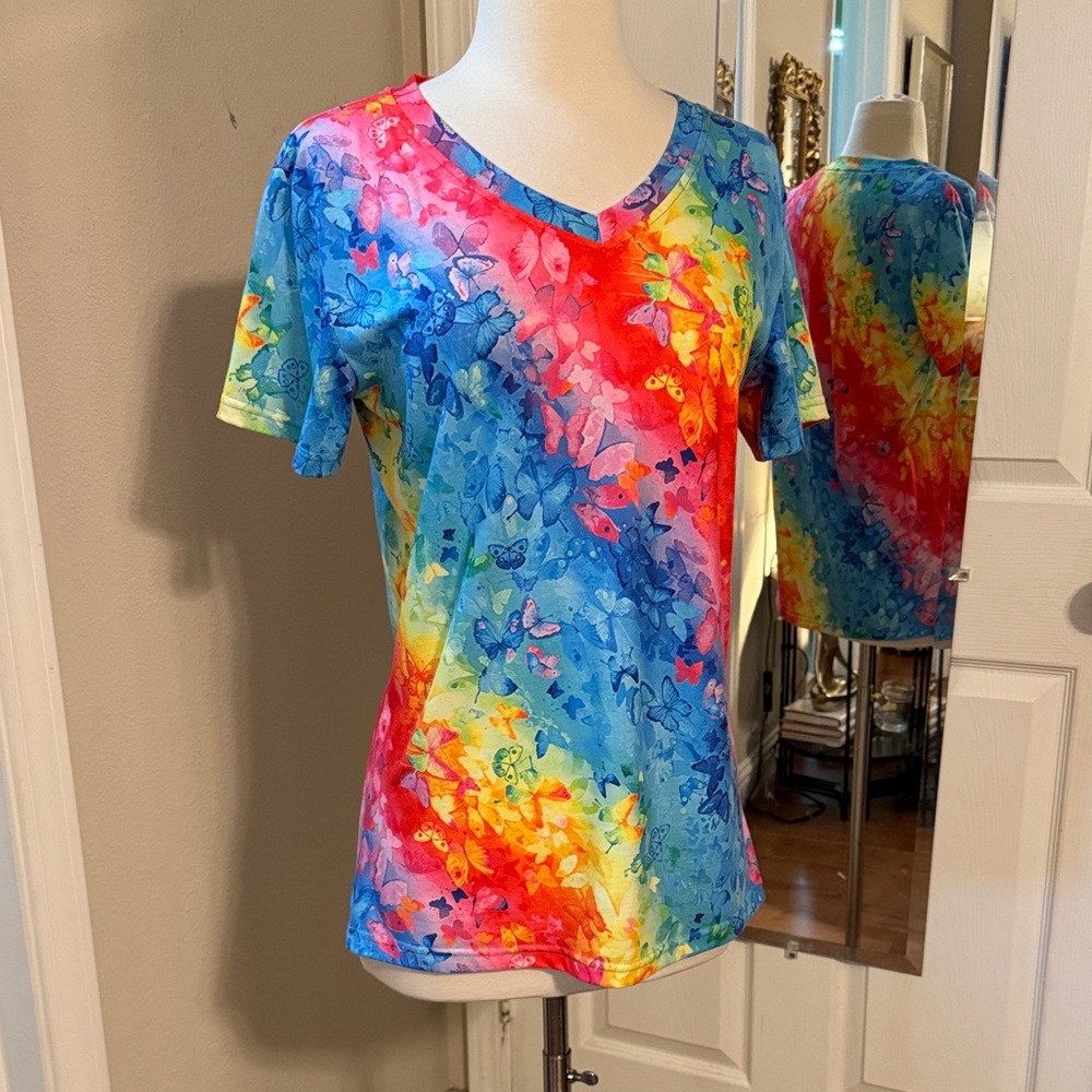 Colorful Rainbow Butterfly V-Neck Tee